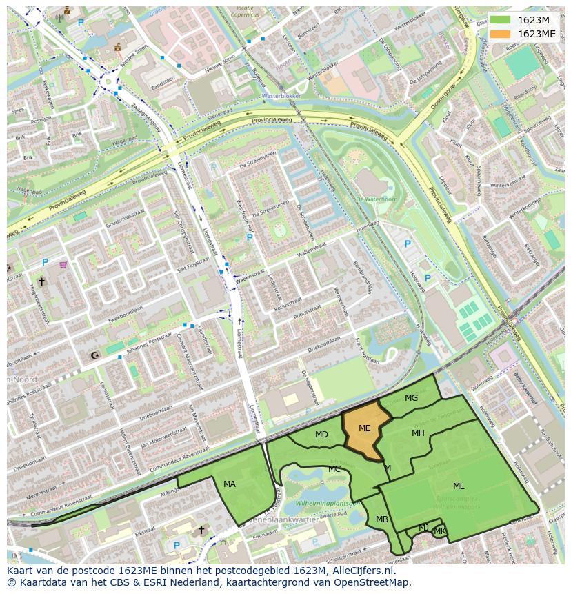 Afbeelding van het postcodegebied 1623 ME op de kaart.
