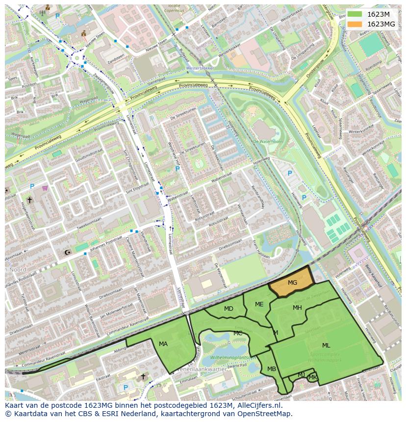 Afbeelding van het postcodegebied 1623 MG op de kaart.