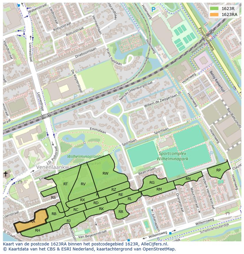 Afbeelding van het postcodegebied 1623 RA op de kaart.