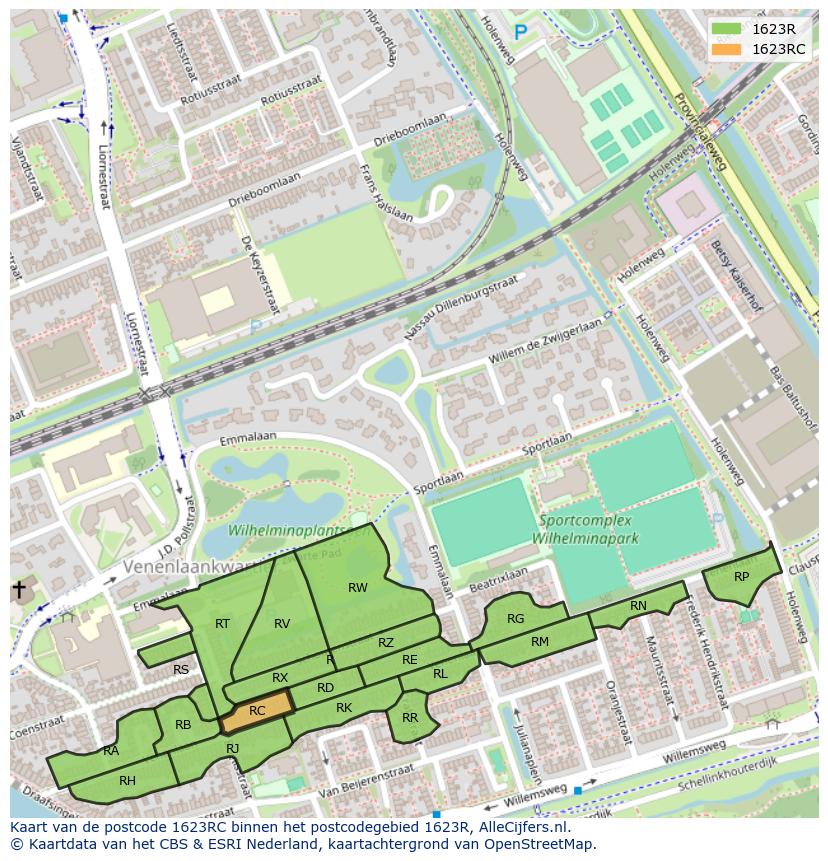 Afbeelding van het postcodegebied 1623 RC op de kaart.