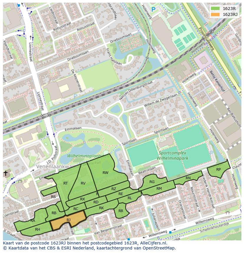 Afbeelding van het postcodegebied 1623 RJ op de kaart.