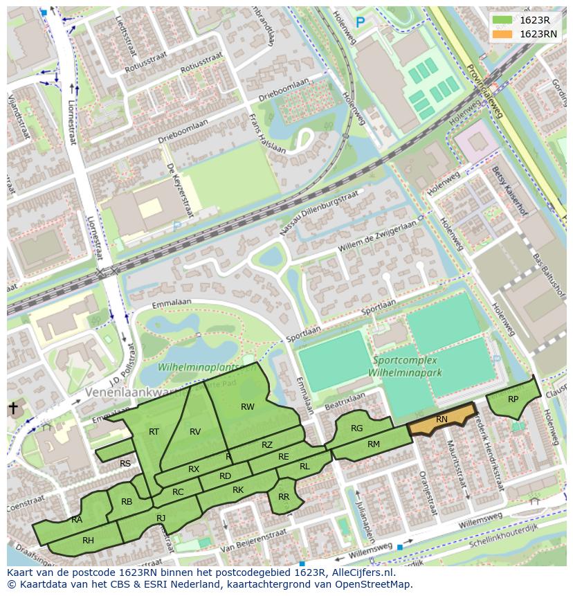 Afbeelding van het postcodegebied 1623 RN op de kaart.