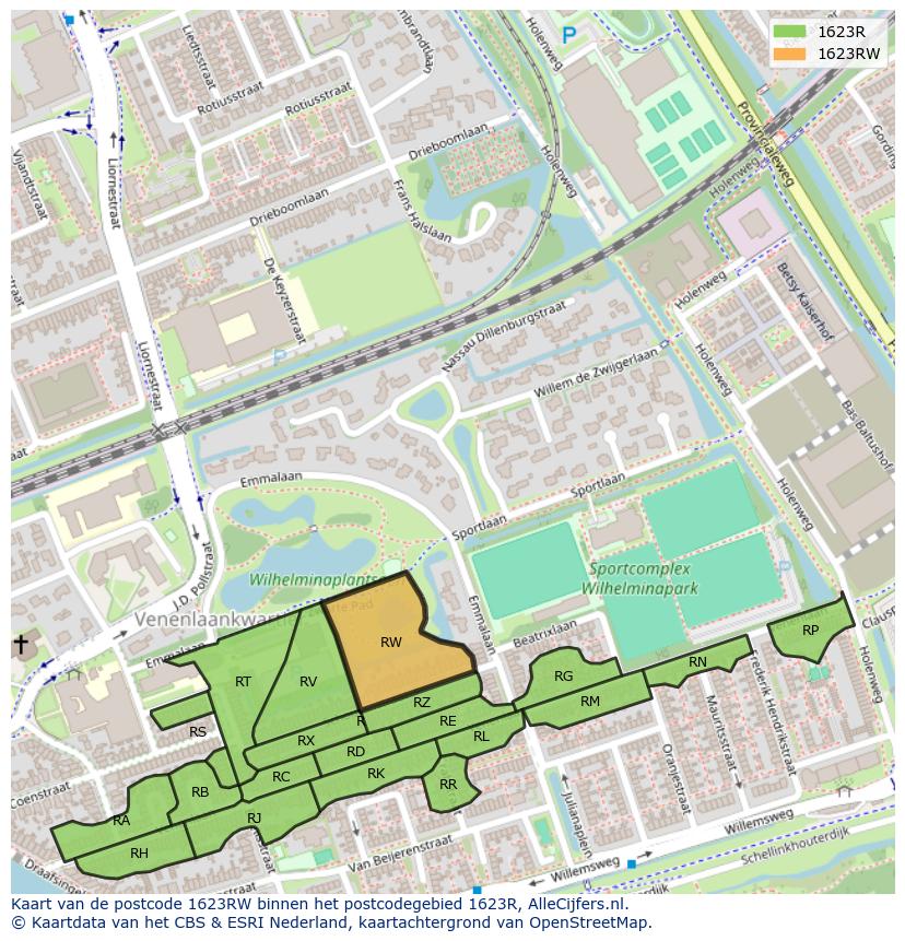 Afbeelding van het postcodegebied 1623 RW op de kaart.