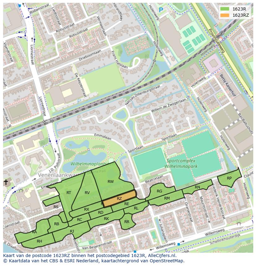 Afbeelding van het postcodegebied 1623 RZ op de kaart.