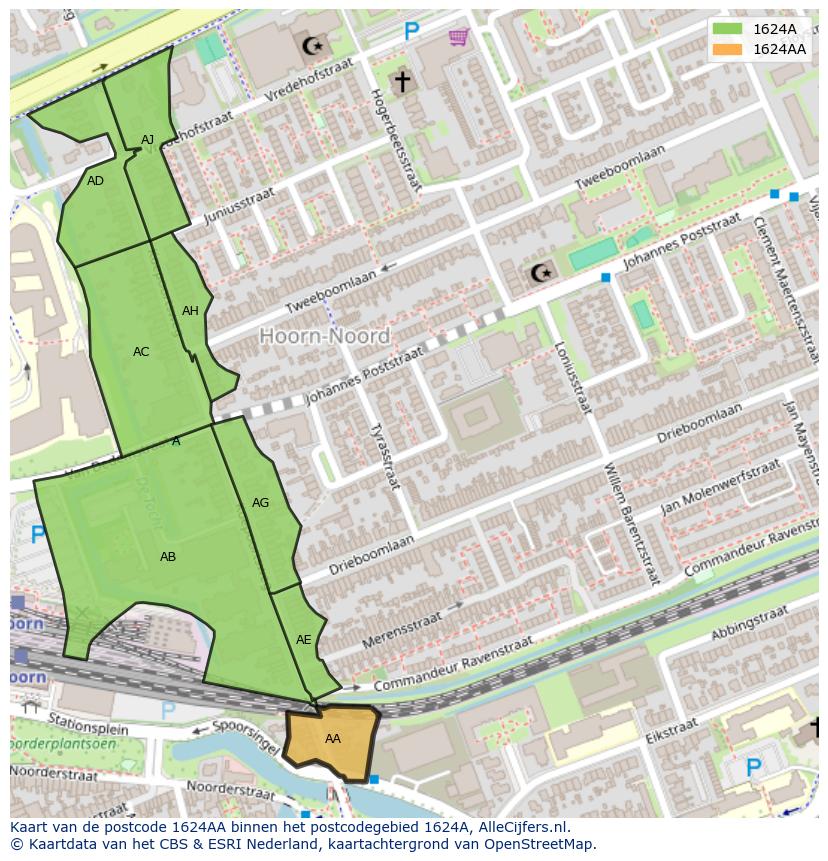 Afbeelding van het postcodegebied 1624 AA op de kaart.