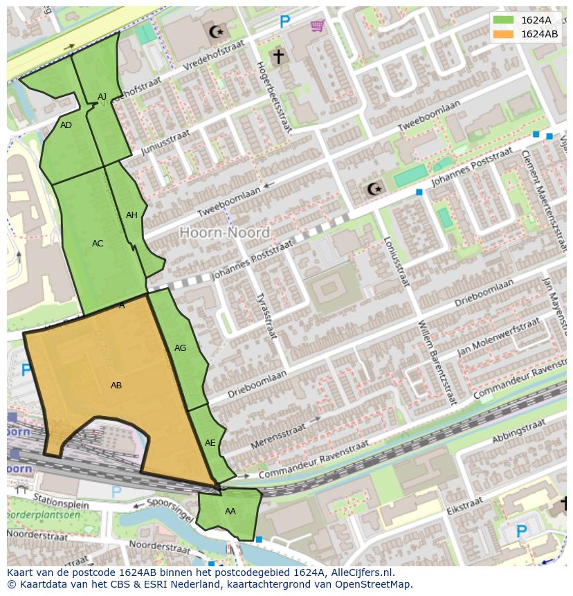 Afbeelding van het postcodegebied 1624 AB op de kaart.