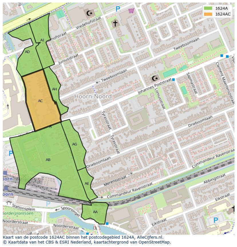 Afbeelding van het postcodegebied 1624 AC op de kaart.