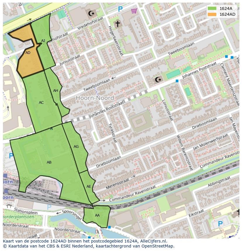 Afbeelding van het postcodegebied 1624 AD op de kaart.