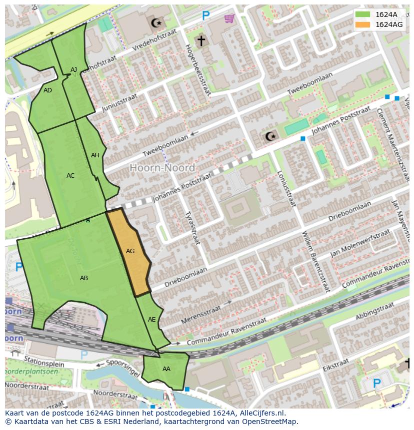 Afbeelding van het postcodegebied 1624 AG op de kaart.