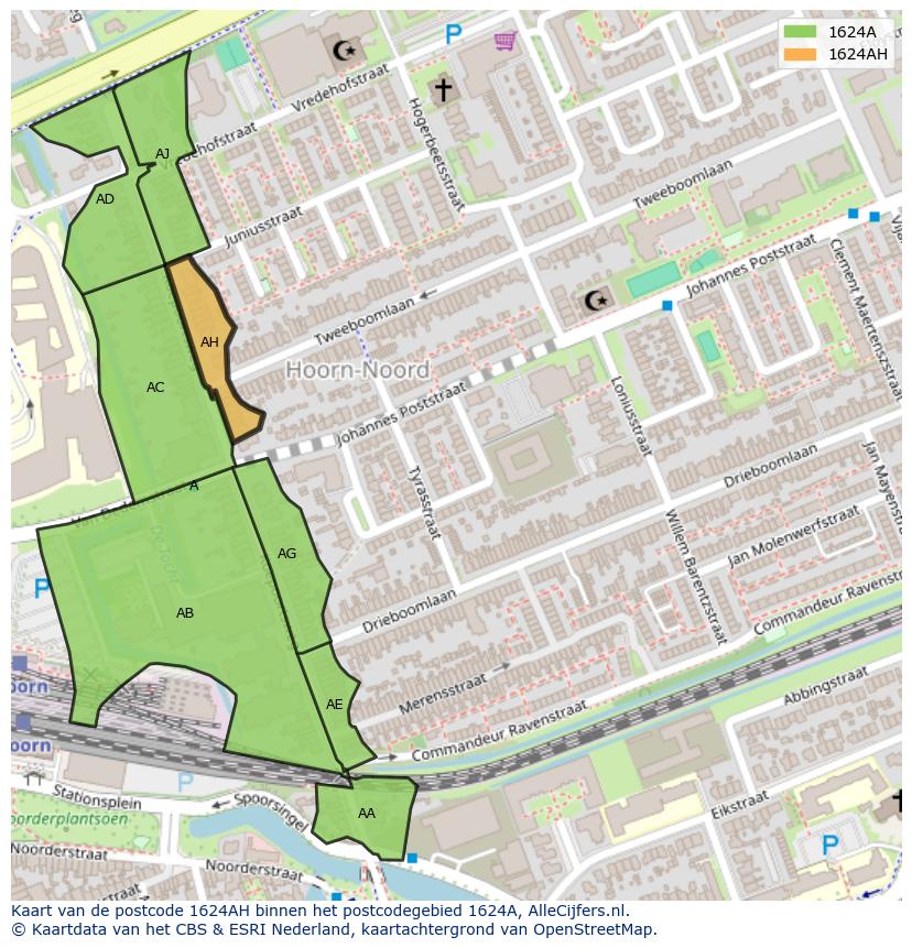 Afbeelding van het postcodegebied 1624 AH op de kaart.