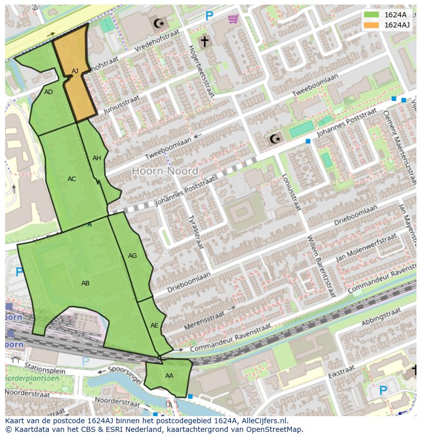 Afbeelding van het postcodegebied 1624 AJ op de kaart.