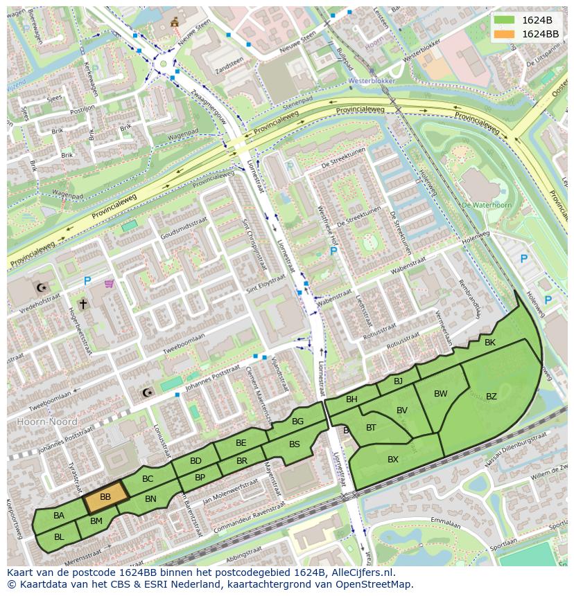Afbeelding van het postcodegebied 1624 BB op de kaart.
