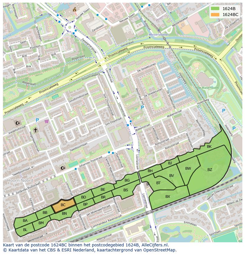 Afbeelding van het postcodegebied 1624 BC op de kaart.