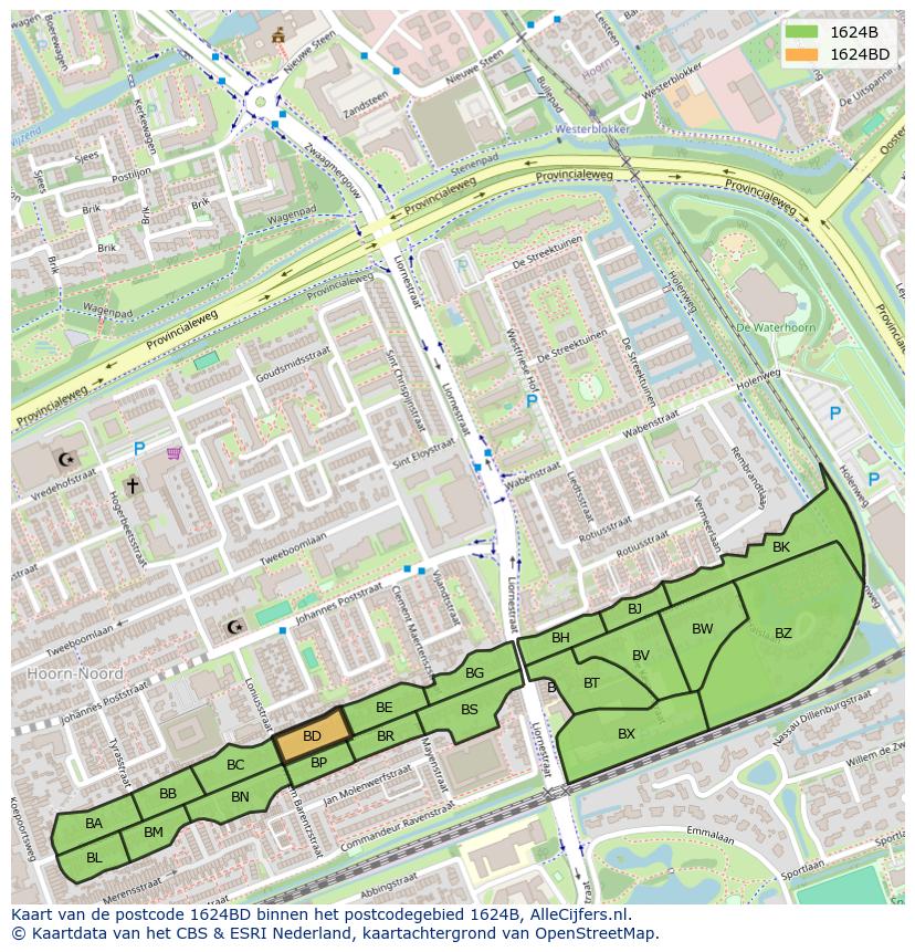 Afbeelding van het postcodegebied 1624 BD op de kaart.
