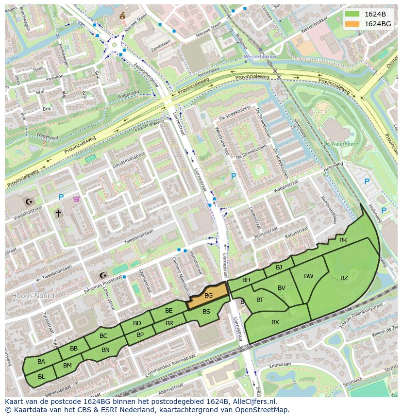 Afbeelding van het postcodegebied 1624 BG op de kaart.