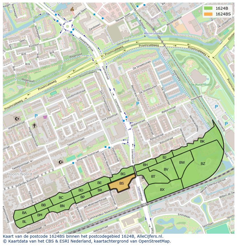 Afbeelding van het postcodegebied 1624 BS op de kaart.