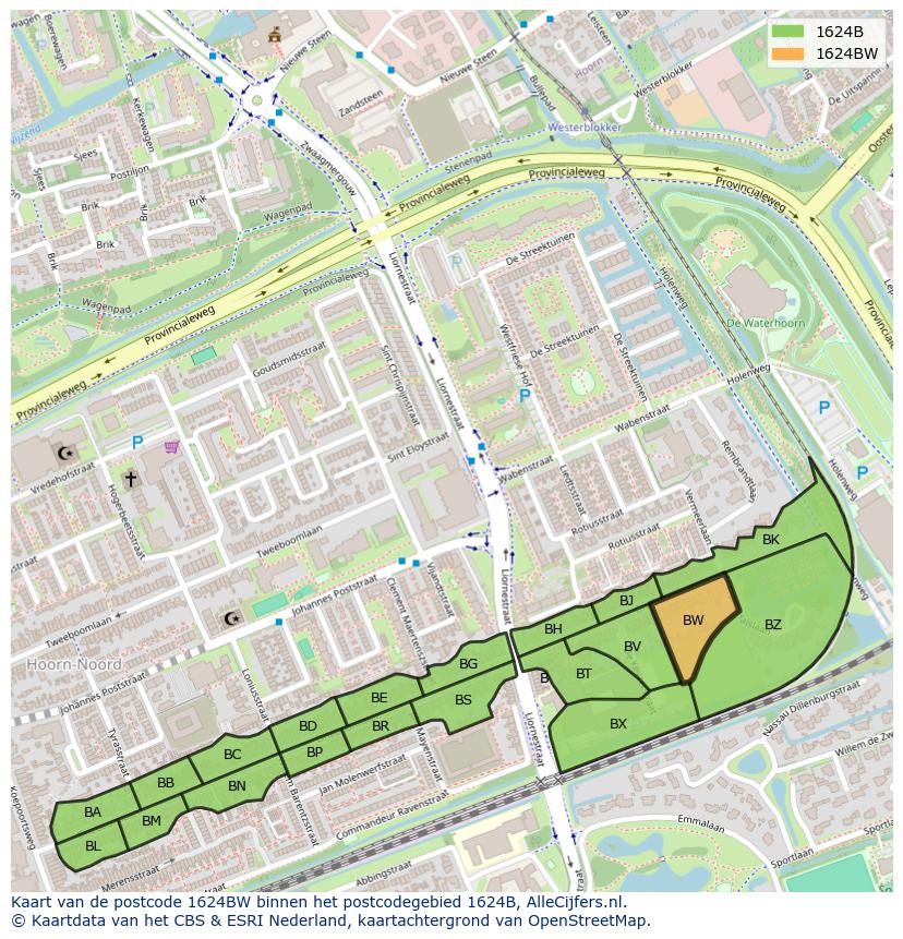 Afbeelding van het postcodegebied 1624 BW op de kaart.