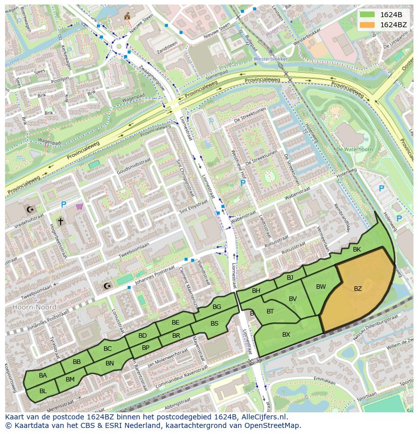 Afbeelding van het postcodegebied 1624 BZ op de kaart.
