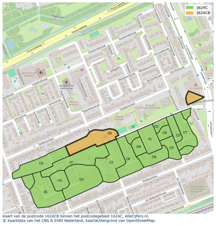 Afbeelding van het postcodegebied 1624 CB op de kaart.