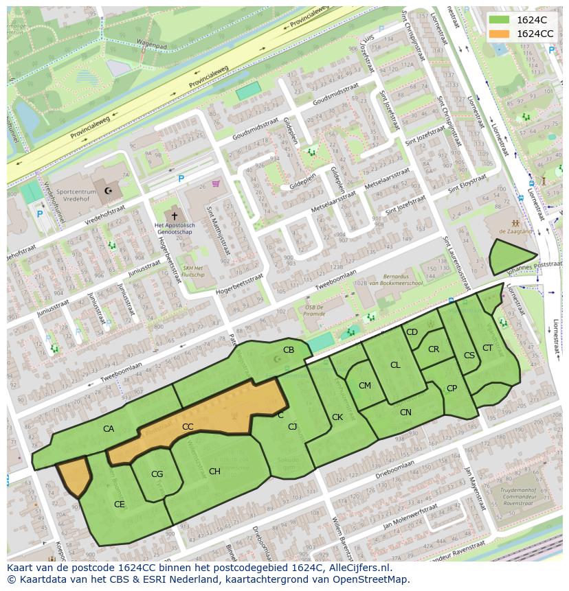 Afbeelding van het postcodegebied 1624 CC op de kaart.