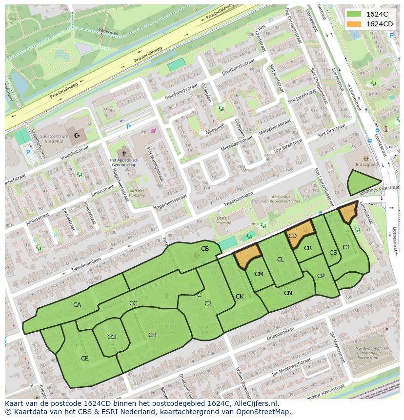 Afbeelding van het postcodegebied 1624 CD op de kaart.