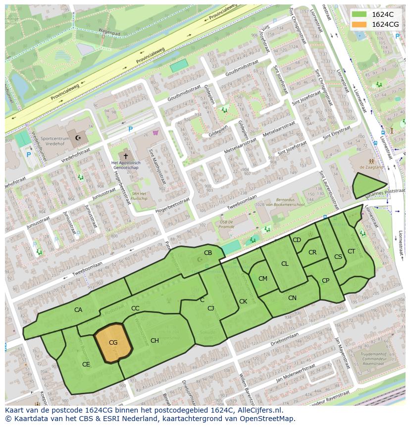Afbeelding van het postcodegebied 1624 CG op de kaart.