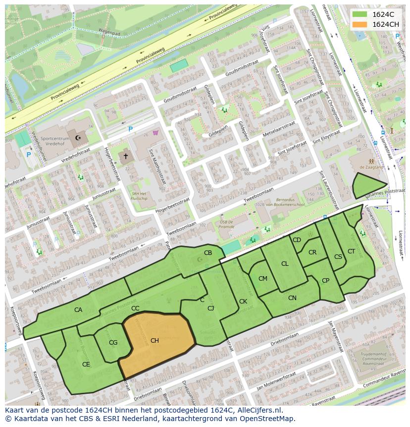 Afbeelding van het postcodegebied 1624 CH op de kaart.