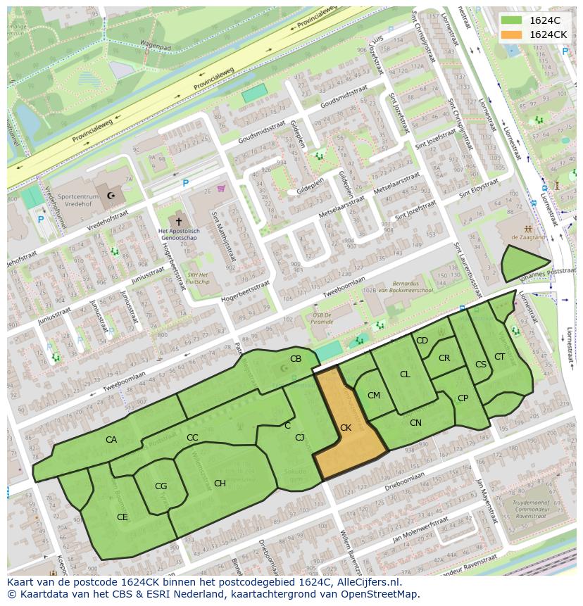 Afbeelding van het postcodegebied 1624 CK op de kaart.