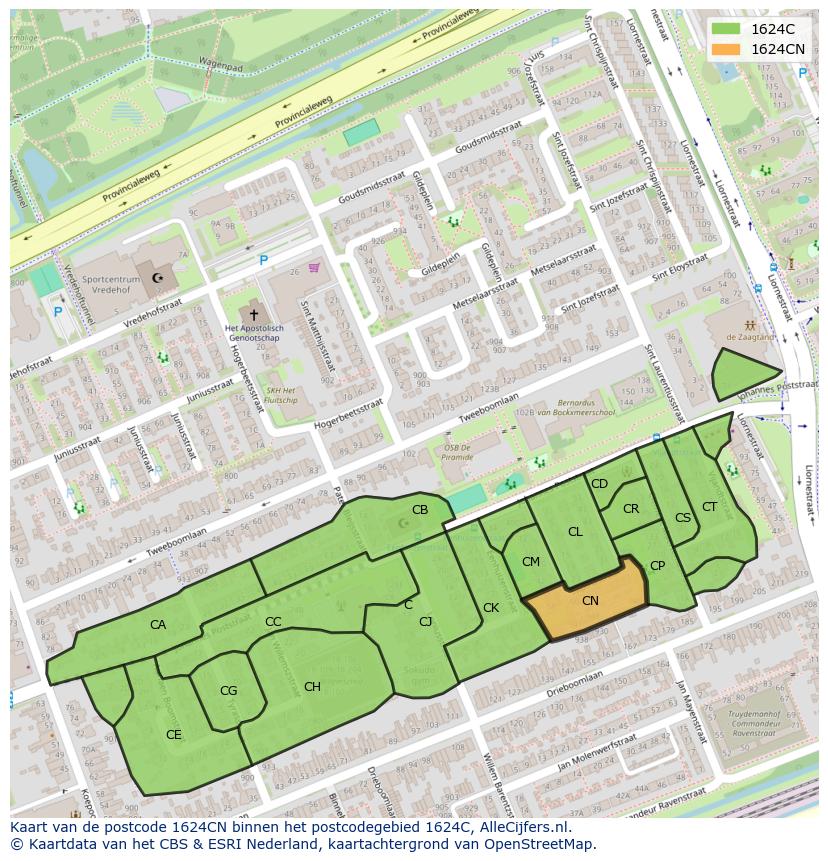 Afbeelding van het postcodegebied 1624 CN op de kaart.