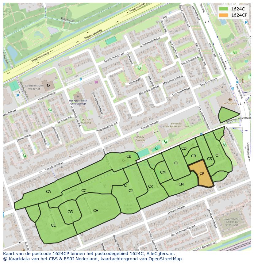 Afbeelding van het postcodegebied 1624 CP op de kaart.