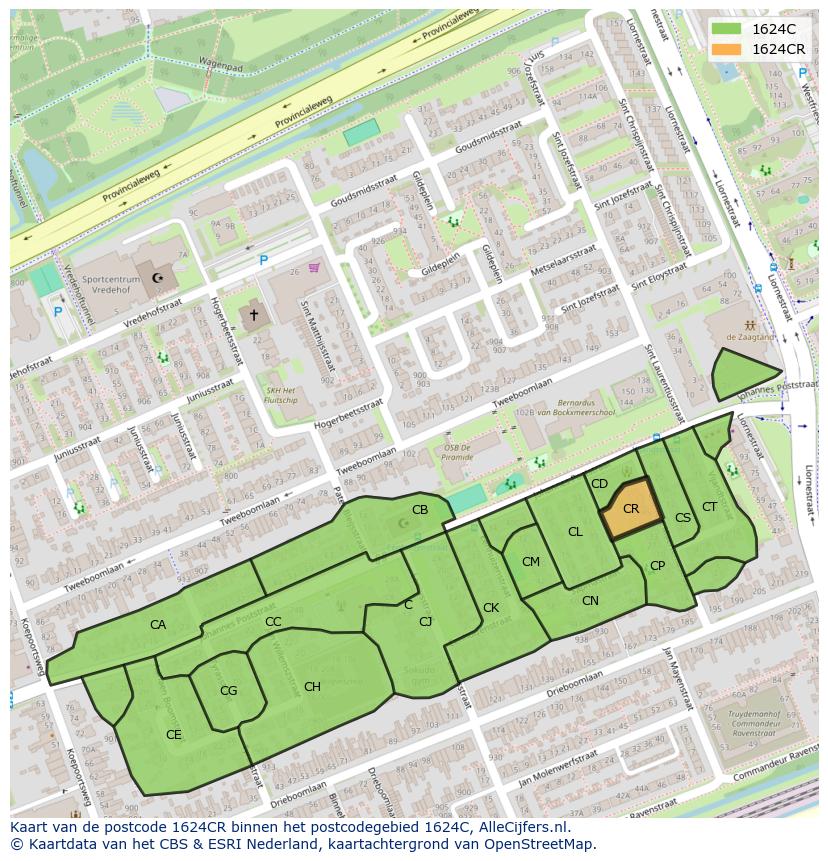 Afbeelding van het postcodegebied 1624 CR op de kaart.