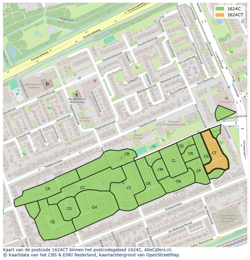 Afbeelding van het postcodegebied 1624 CT op de kaart.