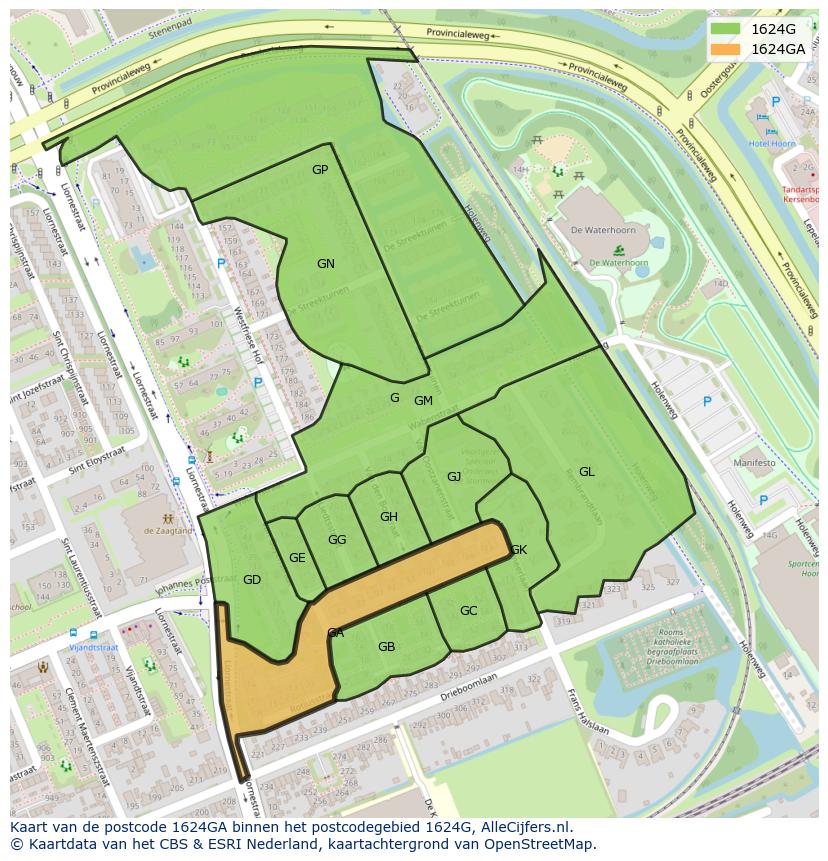 Afbeelding van het postcodegebied 1624 GA op de kaart.