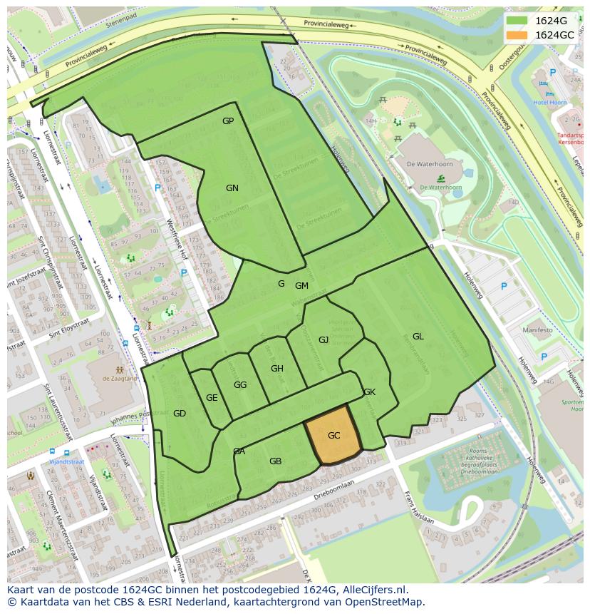 Afbeelding van het postcodegebied 1624 GC op de kaart.