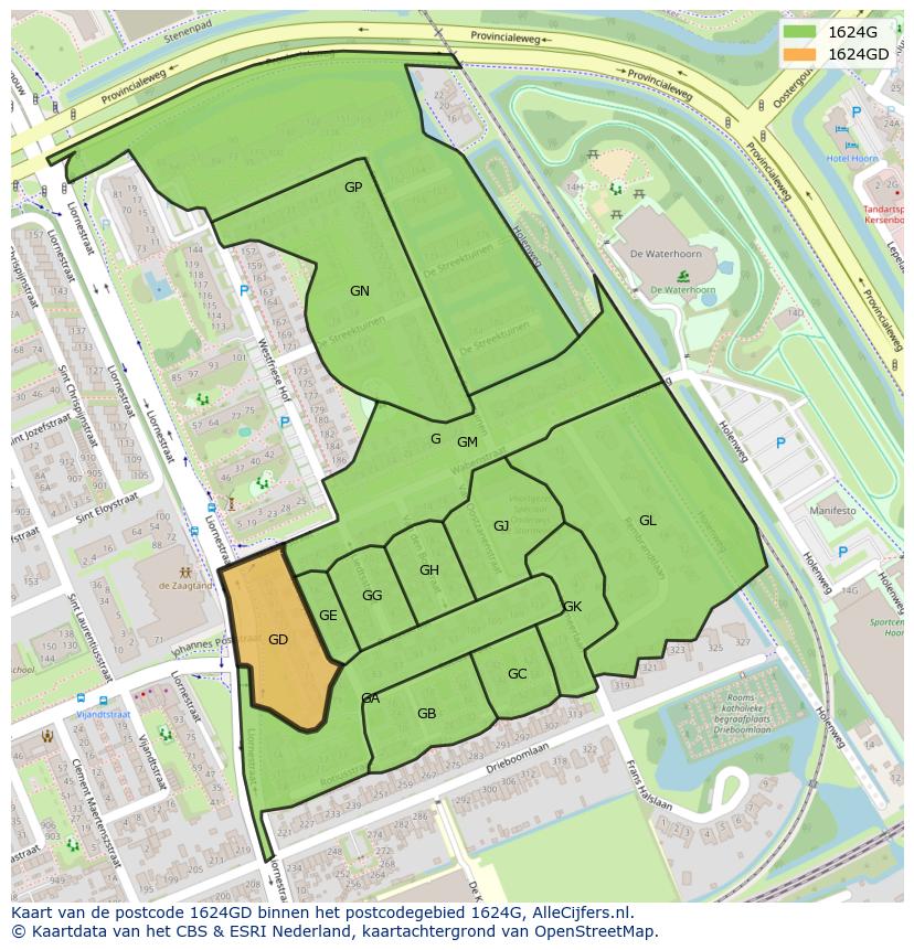 Afbeelding van het postcodegebied 1624 GD op de kaart.