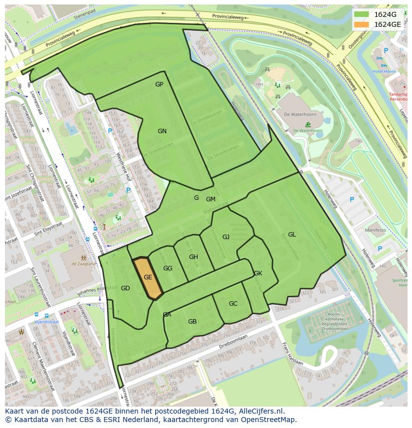 Afbeelding van het postcodegebied 1624 GE op de kaart.