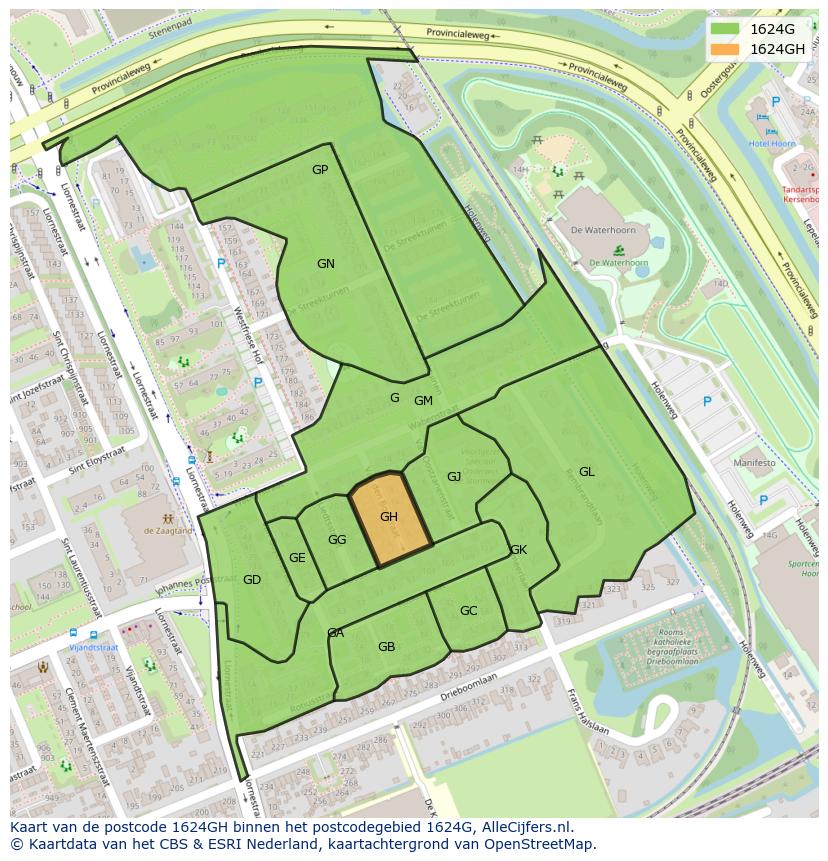 Afbeelding van het postcodegebied 1624 GH op de kaart.