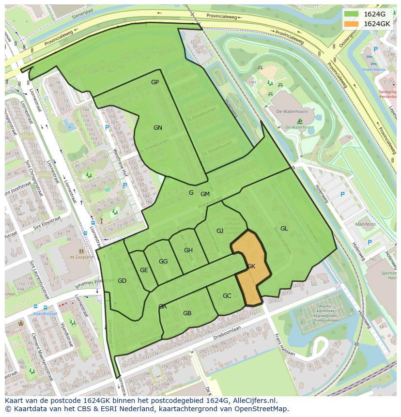 Afbeelding van het postcodegebied 1624 GK op de kaart.