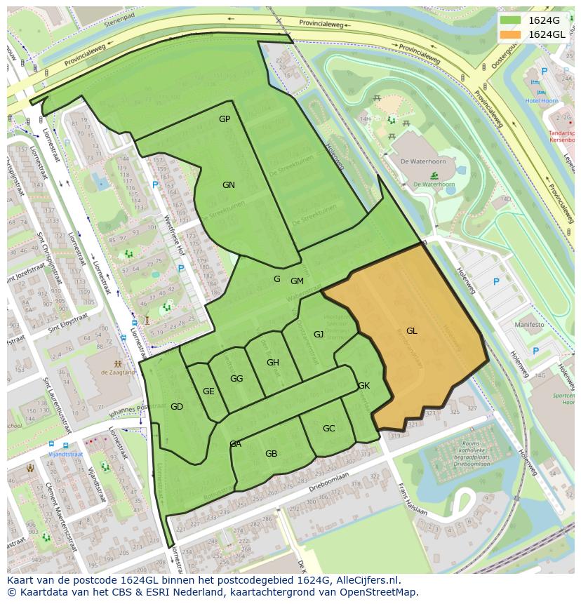 Afbeelding van het postcodegebied 1624 GL op de kaart.