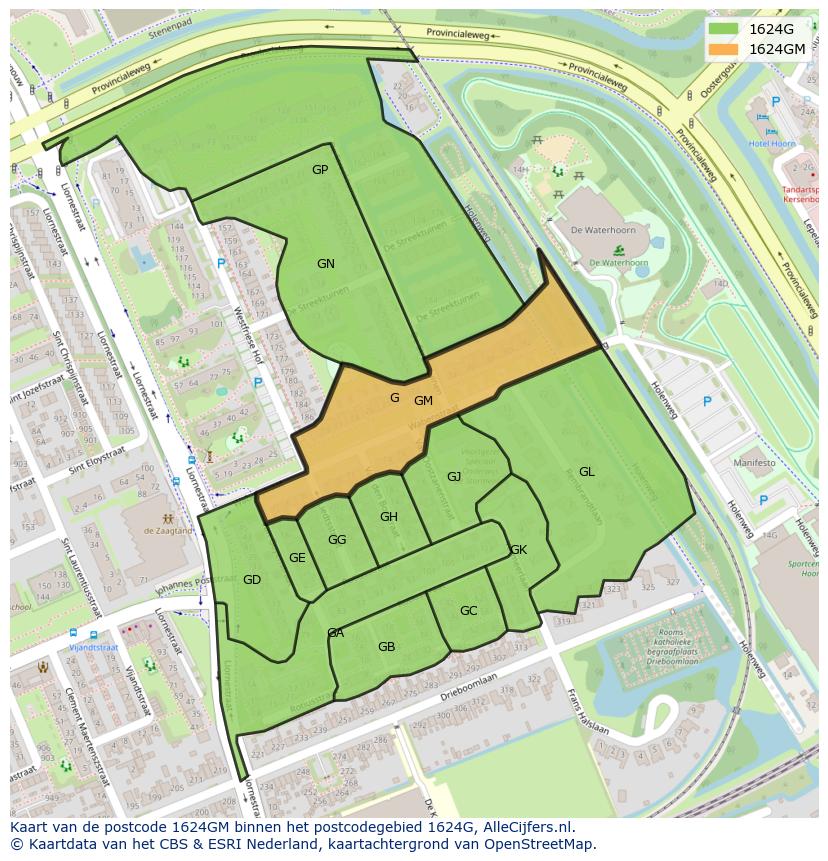 Afbeelding van het postcodegebied 1624 GM op de kaart.