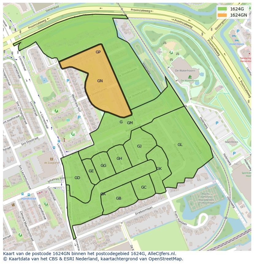 Afbeelding van het postcodegebied 1624 GN op de kaart.