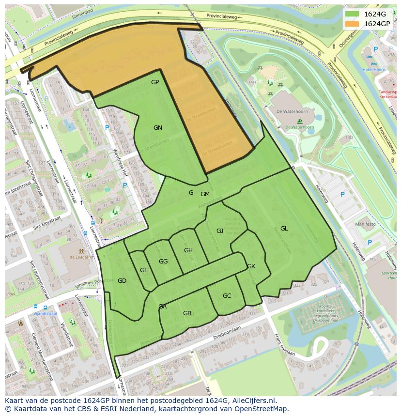 Afbeelding van het postcodegebied 1624 GP op de kaart.