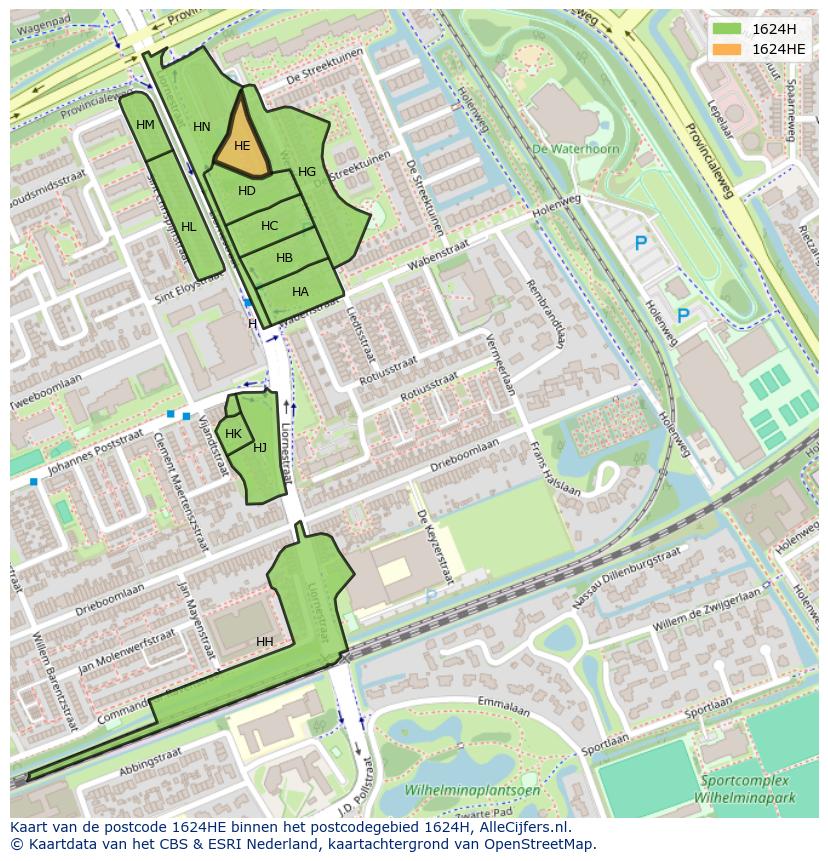 Afbeelding van het postcodegebied 1624 HE op de kaart.
