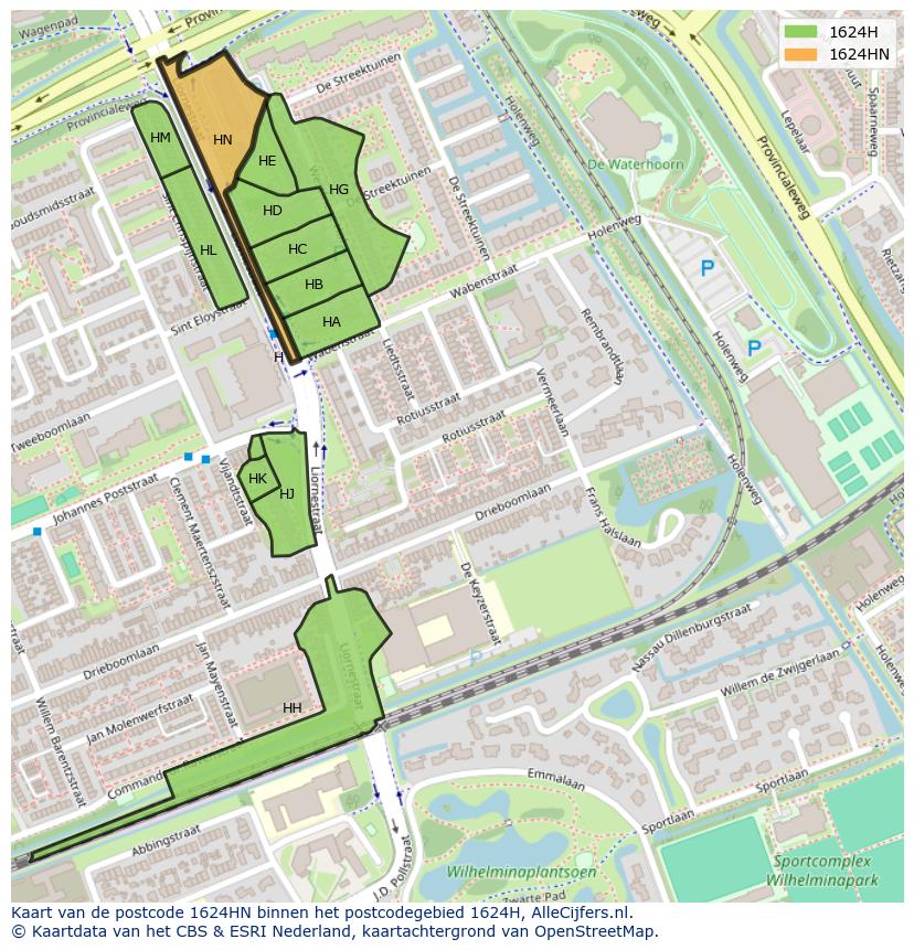 Afbeelding van het postcodegebied 1624 HN op de kaart.