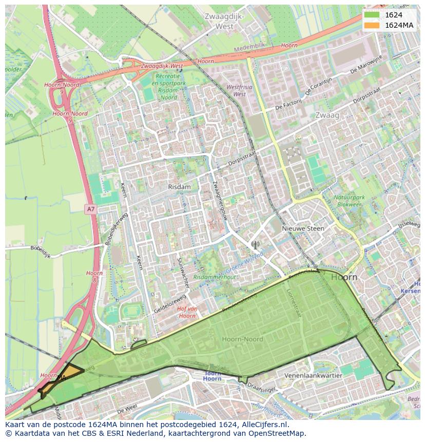 Afbeelding van het postcodegebied 1624 MA op de kaart.