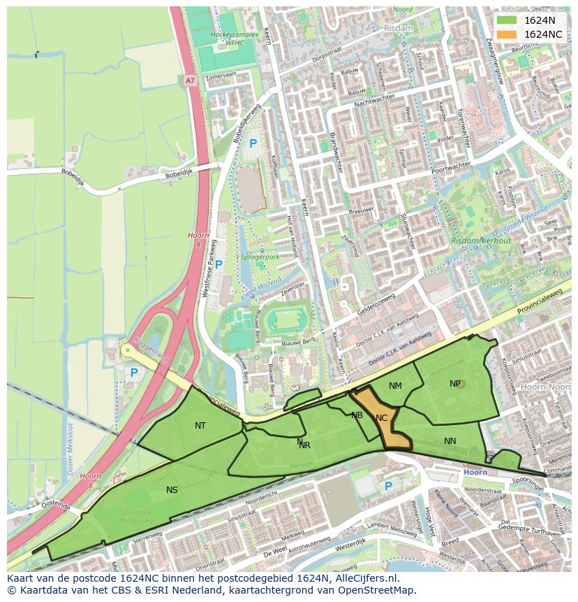 Afbeelding van het postcodegebied 1624 NC op de kaart.