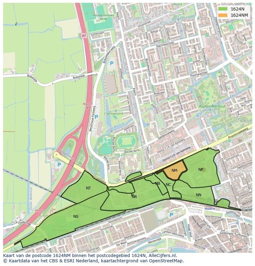 Afbeelding van het postcodegebied 1624 NM op de kaart.