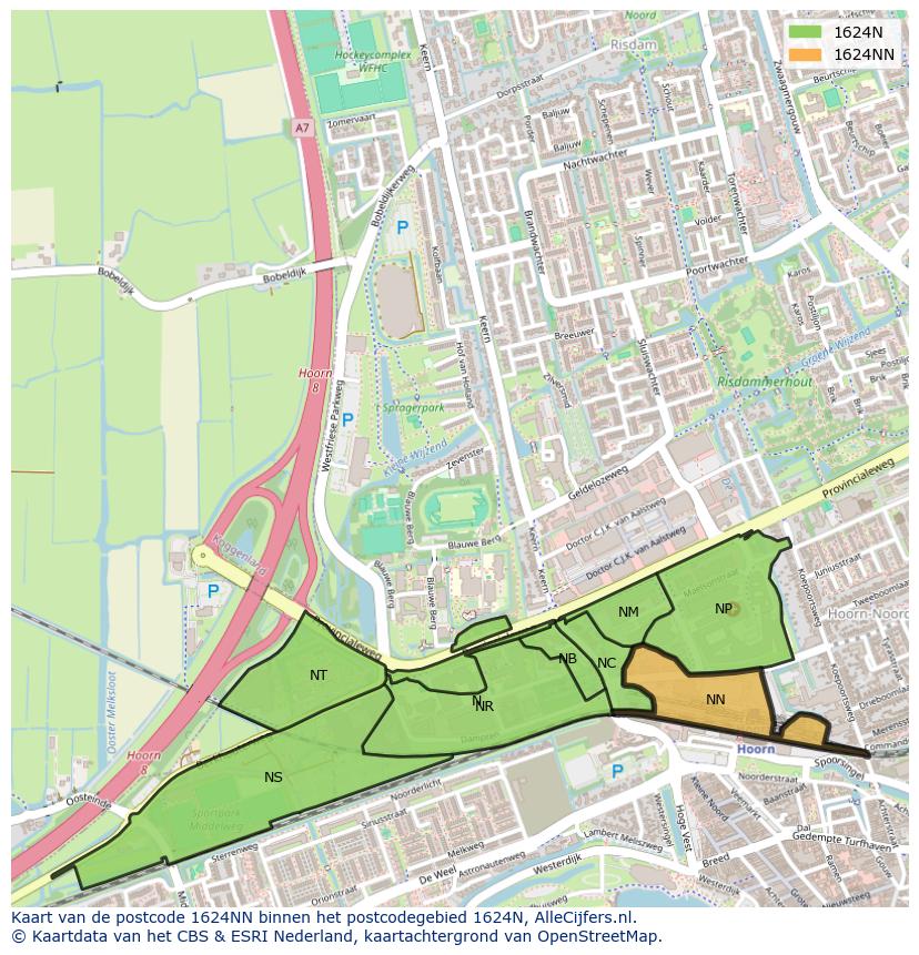 Afbeelding van het postcodegebied 1624 NN op de kaart.