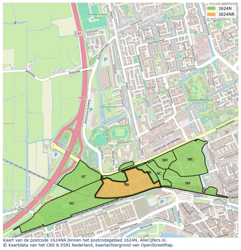 Afbeelding van het postcodegebied 1624 NR op de kaart.