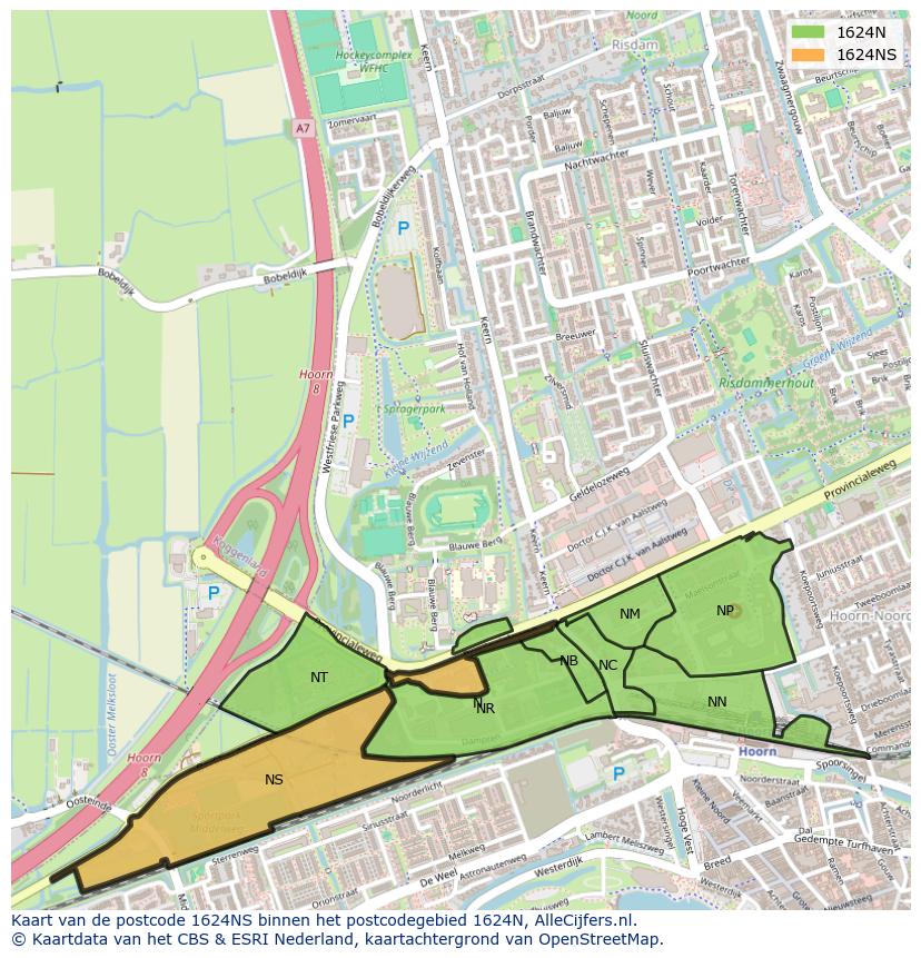 Afbeelding van het postcodegebied 1624 NS op de kaart.
